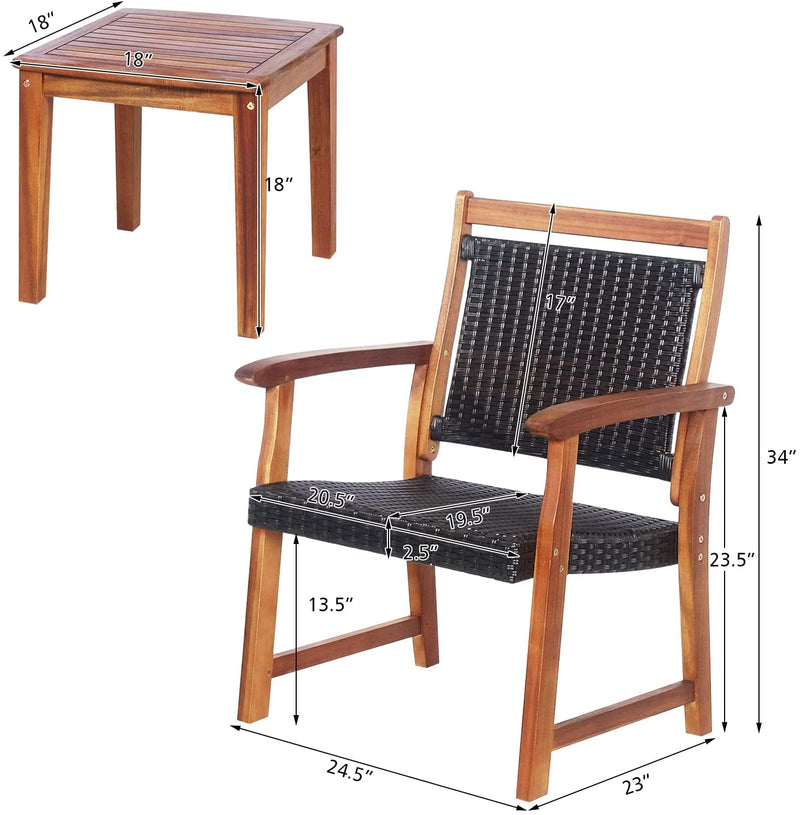 3 Pieces Patio Rattan Bistro Set Outdoor Conversation Furniture Set with 2 Chairs and 1 Side Table