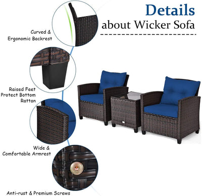 3 Pieces Rattan Patio Furniture Set Outdoor Conversation Bistro Set with Cushion and Coffee Table