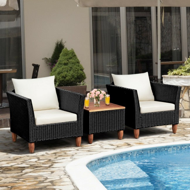 3 Pieces Outdoor Wicker Furniture Set Patio Conversation Sofa Set with Cushion and Table