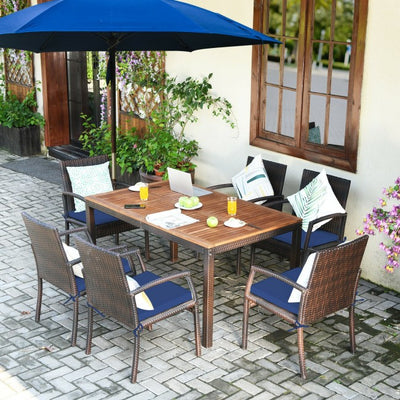 7 Pieces Outdoor Patio Rattan Dining Set Conversation Set with Soft Cushion and Umbrella Hole