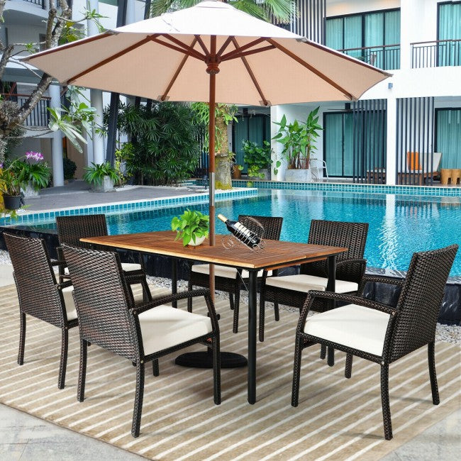 7 Pieces Outdoor Patio Rattan Dining Set Conversation Set with Soft Cushion and Umbrella Hole