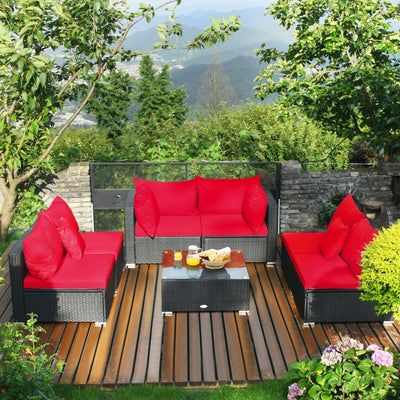 7 Pieces Outdoor Patio Rattan Furniture Set Wicker Sofa Sectional Conversation Set with Cushions and Tempered Glass Tea Table