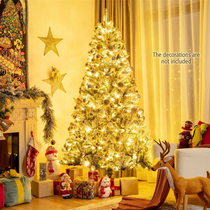 7FT Pre-Lit Snow-Flocked Hinged Christmas Tree with 1116 Branch Tips