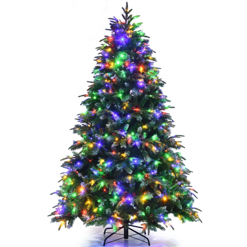 7FT Pre-Lit Snowy Hinged Artificial Christmas Tree with Multicolor LED Lights and Flash Modes