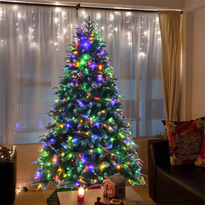 7FT Pre-Lit Snowy Hinged Artificial Christmas Tree with Multicolor LED Lights and Flash Modes