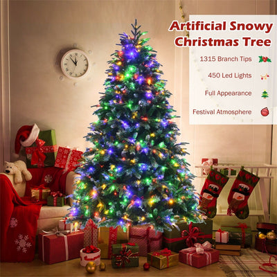 7FT Pre-Lit Snowy Hinged Artificial Christmas Tree with Multicolor LED Lights and Flash Modes