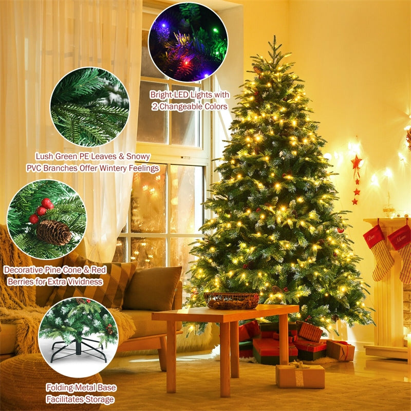 7FT Pre-Lit Snowy Hinged Artificial Christmas Tree with Multicolor LED Lights and Flash Modes