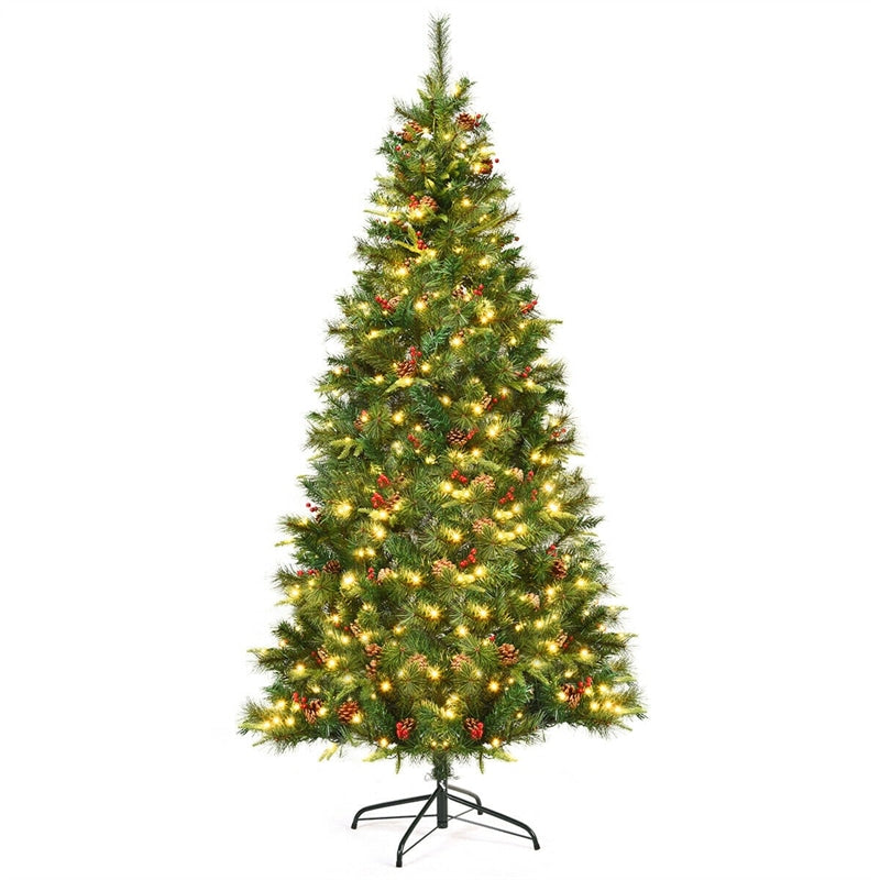 7FT Pre-lit Artificial Hinged Christmas Tree with 350 LED Lights Metal Stand