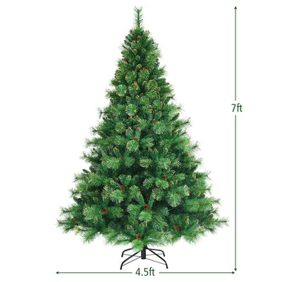 7FT Pre-lit Hinged Artificial Christmas Tree with 1233 Glitter Tips and 500 LED Lights