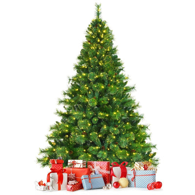 7FT Pre-lit Hinged Artificial Christmas Tree with 1233 Glitter Tips and 500 LED Lights