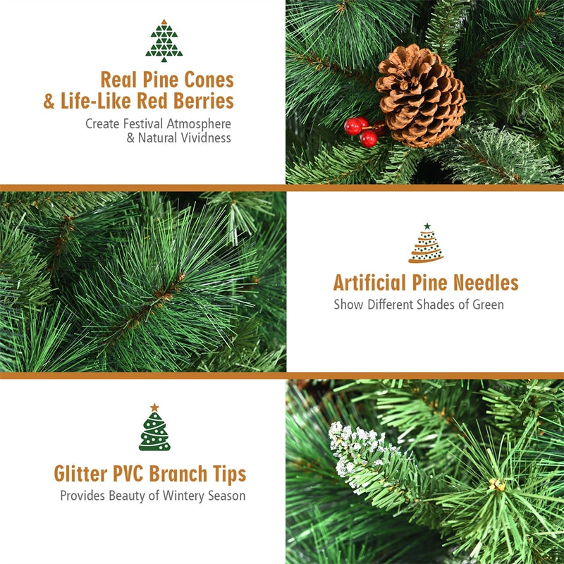 7FT Unlit PVC Artificial Christmas Tree Hinged Pine Tree with Metal Stand