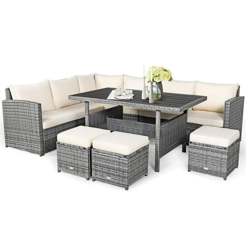 7 Pieces Patio Rattan Furniture Set Outdoor Conversation Sectional Sofa Chair Set with Cushions and Table