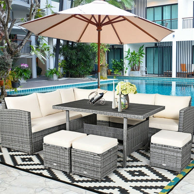 7 Pieces Patio Rattan Furniture Set Outdoor Conversation Sectional Sofa Chair Set with Cushions and Table