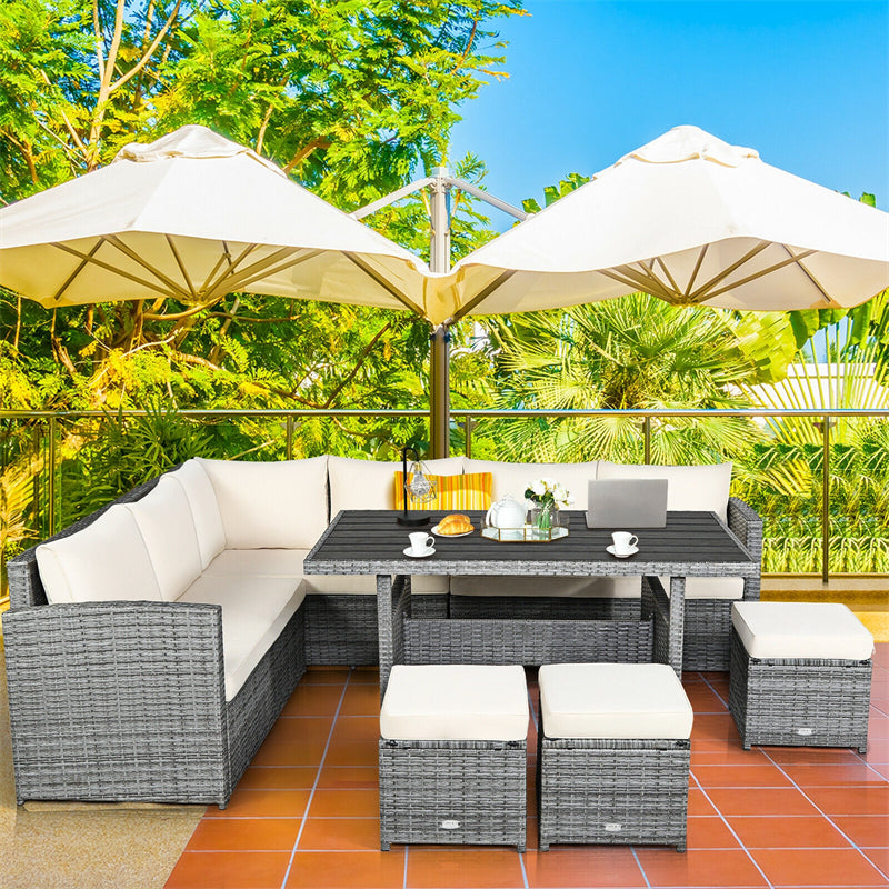 7 Pieces Patio Rattan Furniture Set Outdoor Conversation Sectional Sofa Chair Set with Cushions and Table