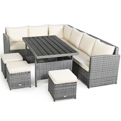 7 Pieces Patio Rattan Furniture Set Outdoor Conversation Sectional Sofa Chair Set with Cushions and Table