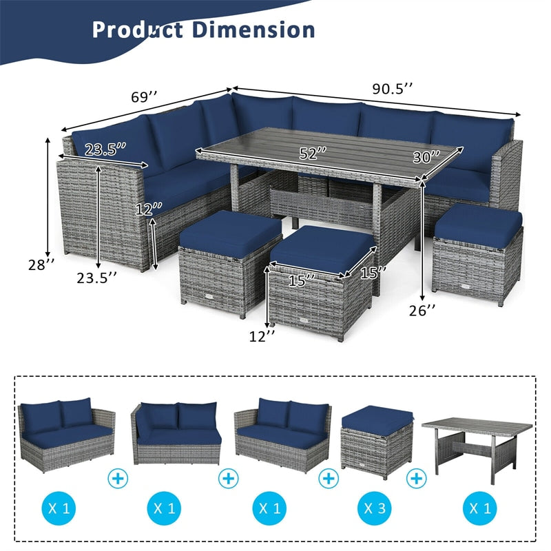 7 Pieces Patio Rattan Furniture Set Outdoor Conversation Sectional Sofa Chair Set with Cushions and Table