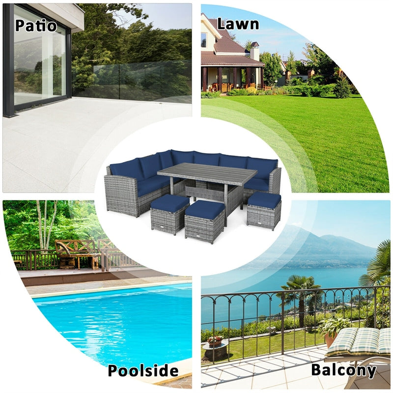 7 Pieces Patio Rattan Furniture Set Outdoor Conversation Sectional Sofa Chair Set with Cushions and Table