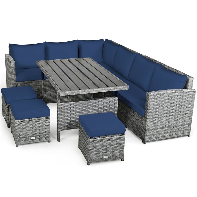 7 Pieces Patio Rattan Furniture Set Outdoor Conversation Sectional Sofa Chair Set with Cushions and Table