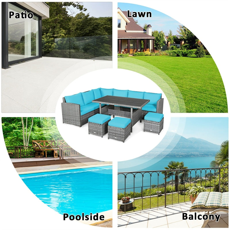 7 Pieces Patio Rattan Furniture Set Outdoor Conversation Sectional Sofa Chair Set with Cushions and Table