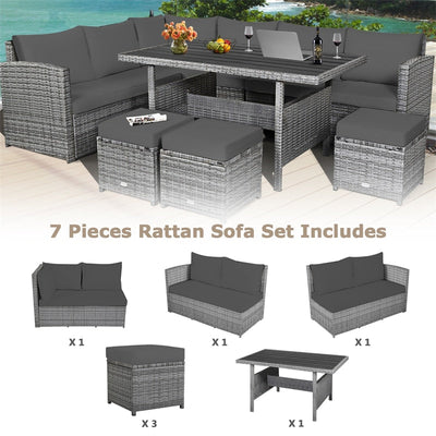 7 Pieces Patio Rattan Furniture Set Outdoor Conversation Sectional Sofa Chair Set with Cushions and Table