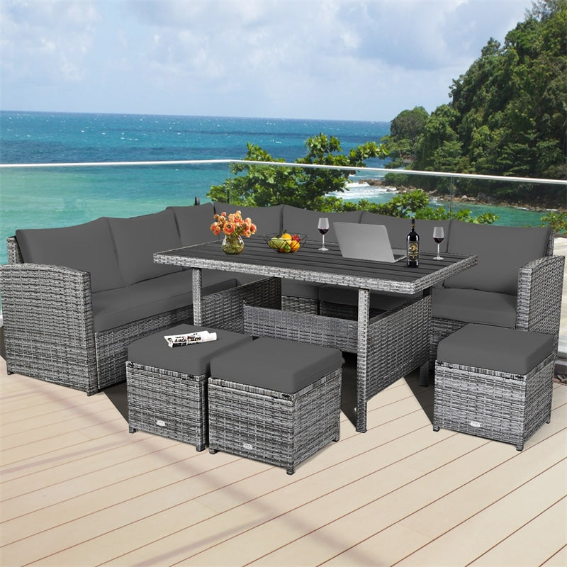 7 Pieces Patio Rattan Furniture Set Outdoor Conversation Sectional Sofa Chair Set with Cushions and Table