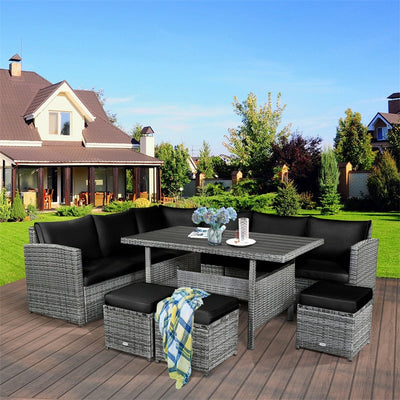 7 Pieces Patio Rattan Furniture Set Outdoor Conversation Sectional Sofa Chair Set with Cushions and Table