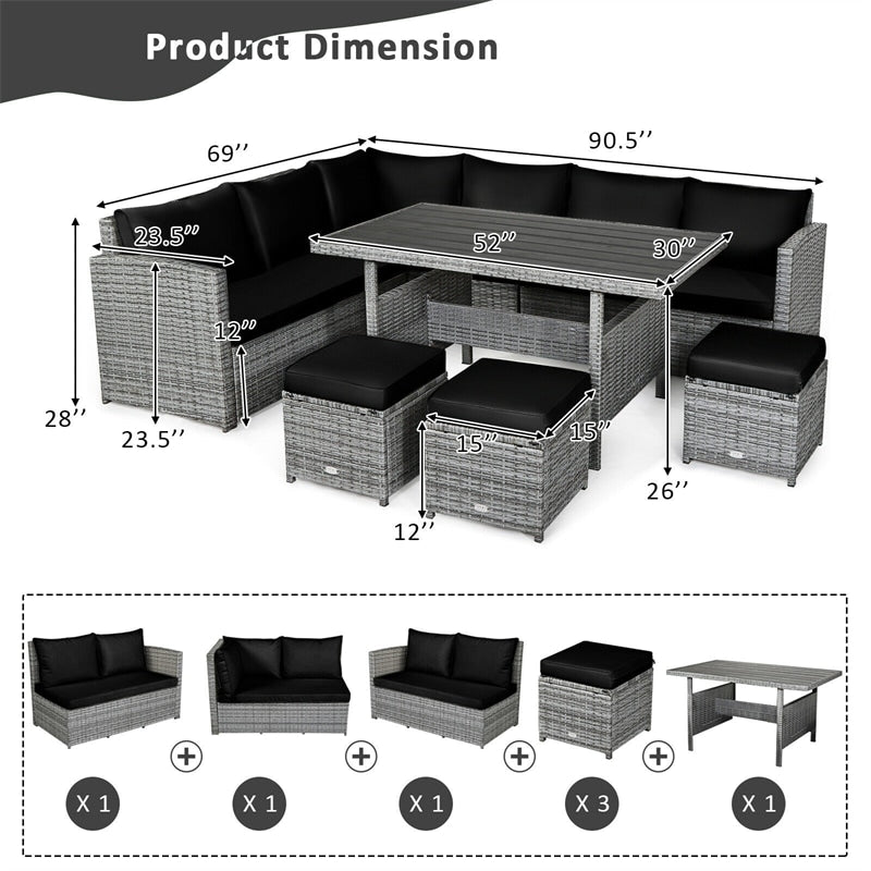 7 Pieces Patio Rattan Furniture Set Outdoor Conversation Sectional Sofa Chair Set with Cushions and Table