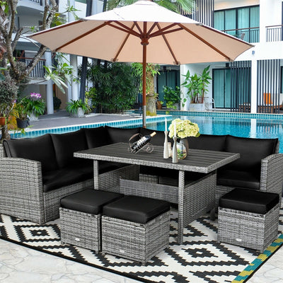 7 Pieces Patio Rattan Furniture Set Outdoor Conversation Sectional Sofa Chair Set with Cushions and Table