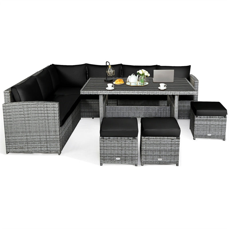 7 Pieces Patio Rattan Furniture Set Outdoor Conversation Sectional Sofa Chair Set with Cushions and Table