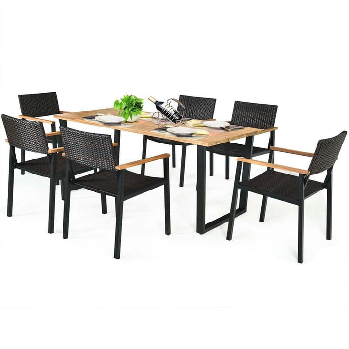 7 Pcs Outdoor Rattan Dining Table Set Patio Wicker Furniture Set with Umbrella Hole