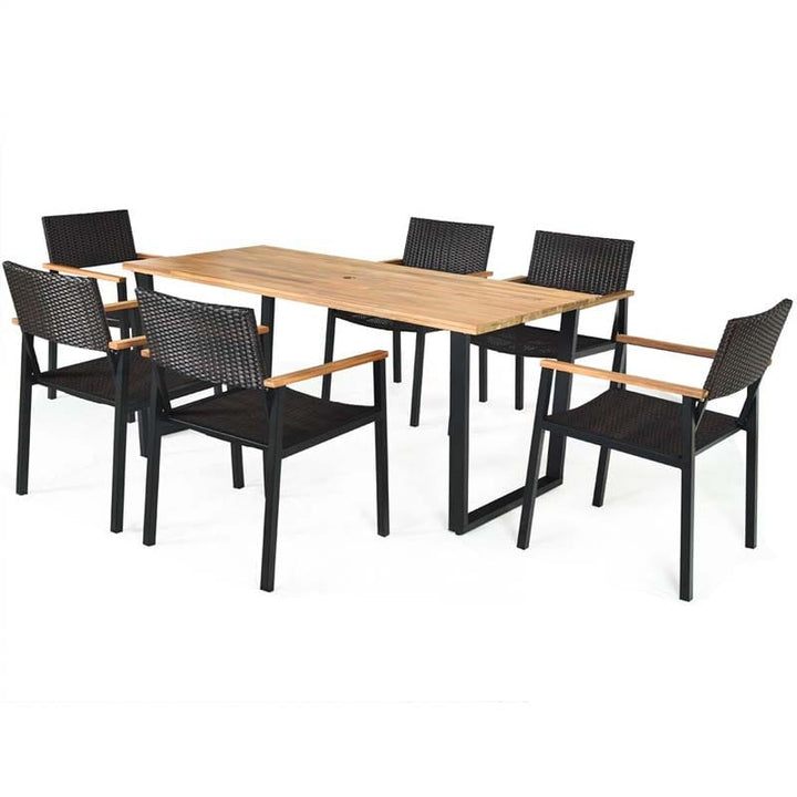 7 Pcs Outdoor Rattan Dining Table Set Patio Wicker Furniture Set with Umbrella Hole