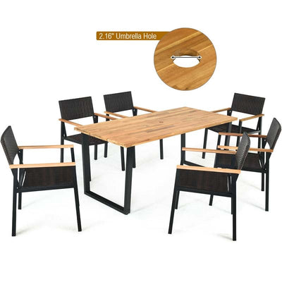 7 Pcs Outdoor Rattan Dining Table Set Patio Wicker Furniture Set with Umbrella Hole