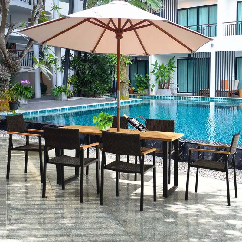 7 Pcs Outdoor Rattan Dining Table Set Patio Wicker Furniture Set with Umbrella Hole