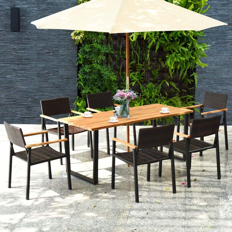 7 Pcs Outdoor Rattan Dining Table Set Patio Wicker Furniture Set with Umbrella Hole