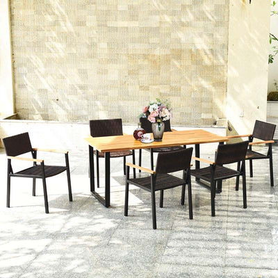 7 Pcs Outdoor Rattan Dining Table Set Patio Wicker Furniture Set with Umbrella Hole