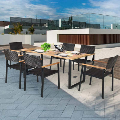 7 Pcs Outdoor Rattan Dining Table Set Patio Wicker Furniture Set with Umbrella Hole