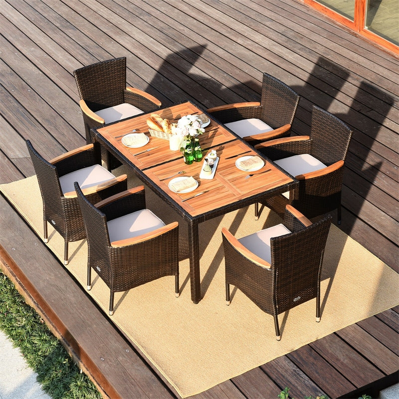 7 Piece Outdoor Patio Rattan Dining Set with Acacia Wood Table Wicker Chairs Cushions