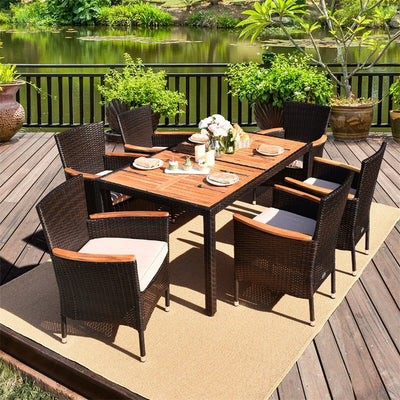 7 Piece Outdoor Patio Rattan Dining Set with Acacia Wood Table Wicker Chairs Cushions