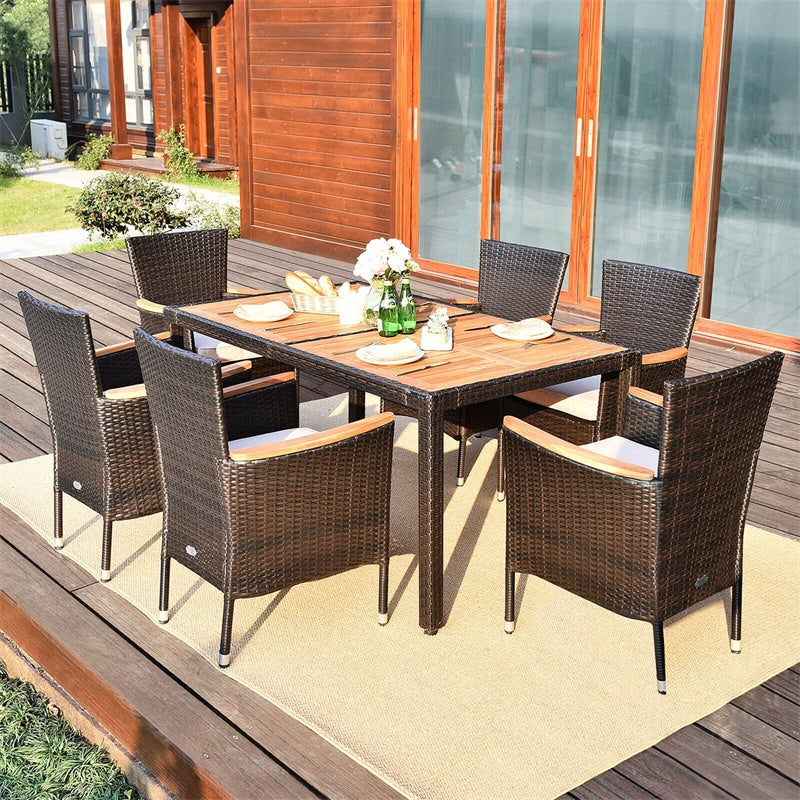 7 Piece Outdoor Patio Rattan Dining Set with Acacia Wood Table Wicker Chairs Cushions