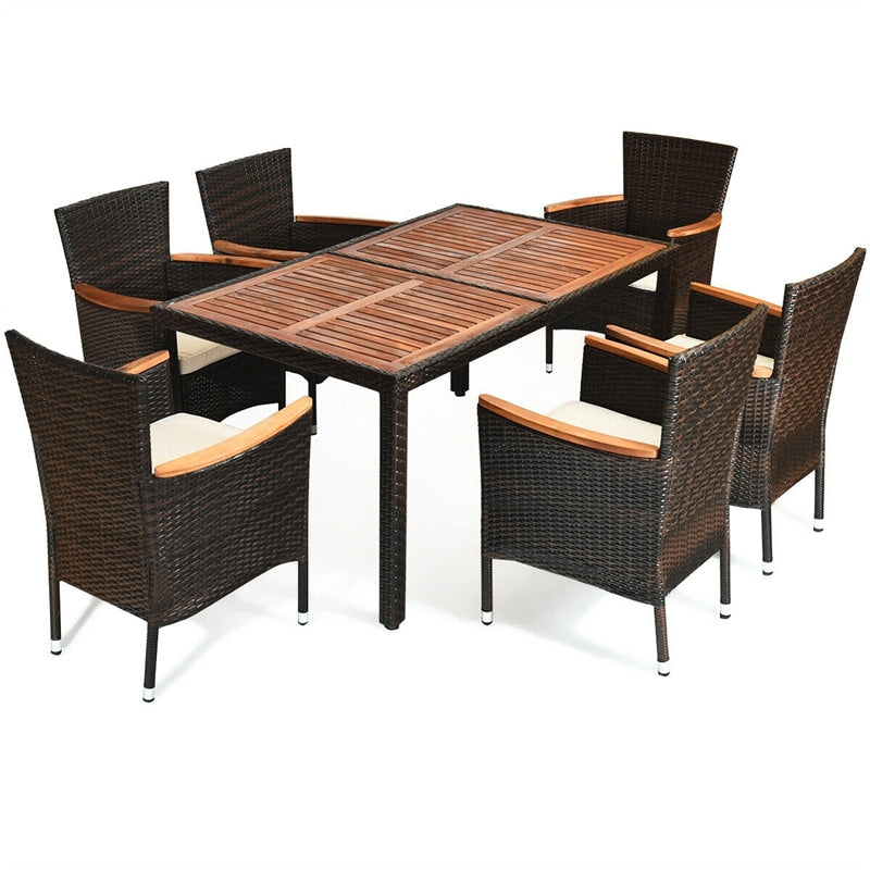 7 Piece Outdoor Patio Rattan Dining Set with Acacia Wood Table Wicker Chairs Cushions