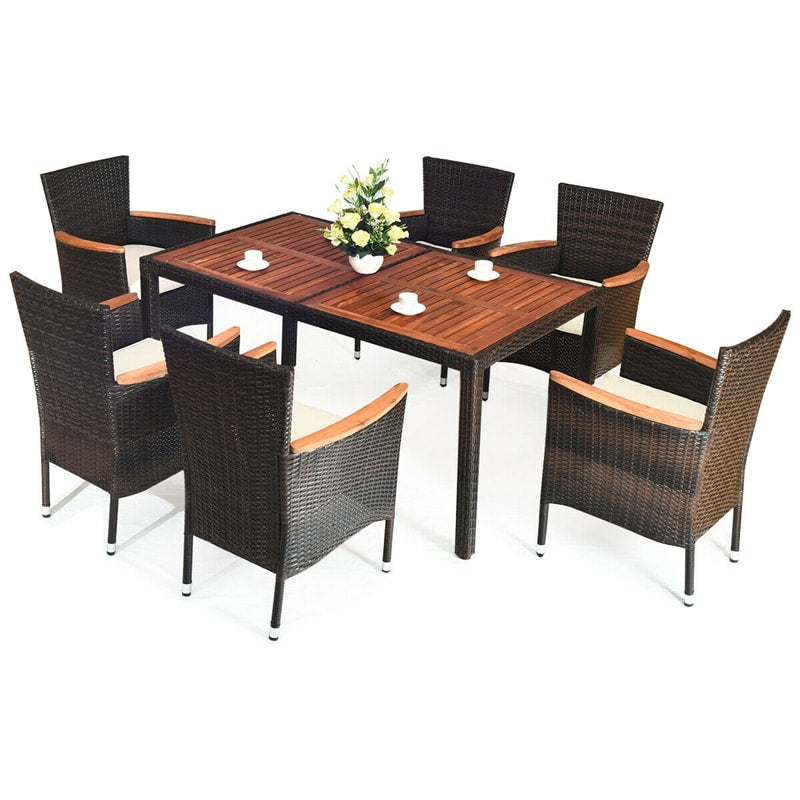 7 Piece Outdoor Patio Rattan Dining Set with Acacia Wood Table Wicker Chairs Cushions