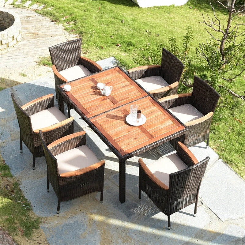 7 Piece Outdoor Patio Rattan Dining Set with Acacia Wood Table Wicker Chairs Cushions