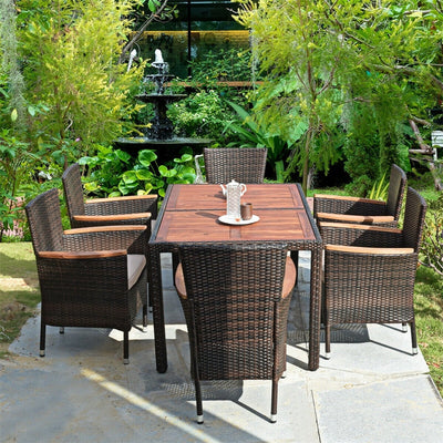 7 Piece Outdoor Patio Rattan Dining Set with Acacia Wood Table Wicker Chairs Cushions