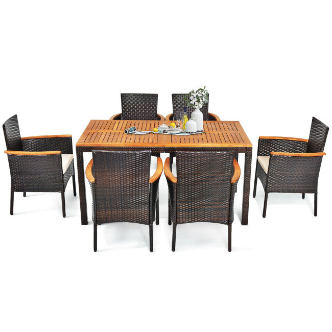 7 Piece Outdoor Rattan Dining Table Set Patio Furniture Set with Stackable Wicker Chairs and Acacia Wood Table