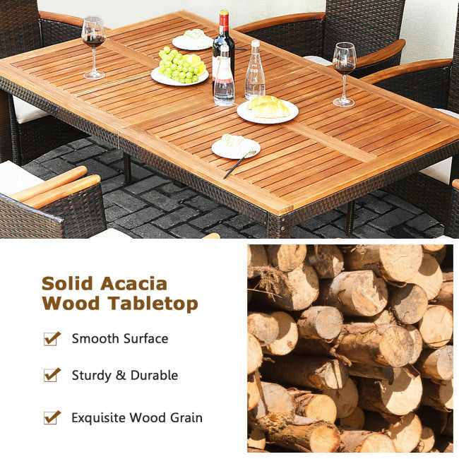 7 Piece Outdoor Rattan Dining Table Set Patio Furniture Set with Stackable Wicker Chairs and Acacia Wood Table