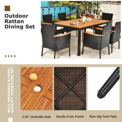 7 Piece Outdoor Rattan Dining Table Set Patio Furniture Set with Stackable Wicker Chairs and Acacia Wood Table