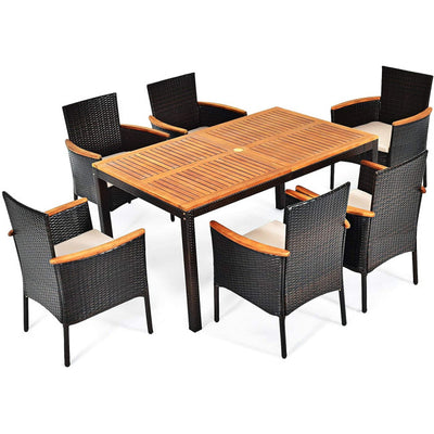 7 Piece Outdoor Rattan Dining Table Set Patio Furniture Set with Stackable Wicker Chairs and Acacia Wood Table