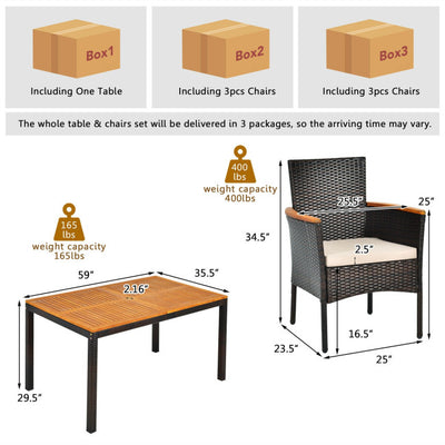 7 Piece Outdoor Rattan Dining Table Set Patio Furniture Set with Stackable Wicker Chairs and Acacia Wood Table