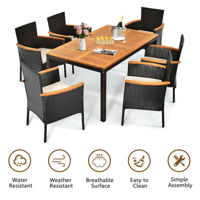 7 Piece Outdoor Rattan Dining Table Set Patio Furniture Set with Stackable Wicker Chairs and Acacia Wood Table