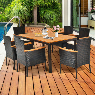 7 Piece Outdoor Rattan Dining Table Set Patio Furniture Set with Stackable Wicker Chairs and Acacia Wood Table